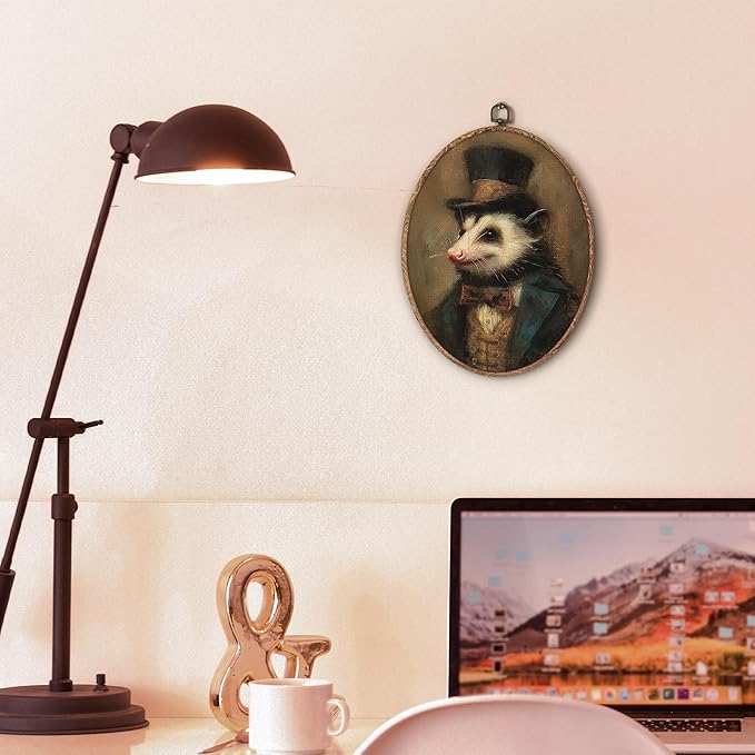 Hxlac Vintage Opossum Oval Wall Art Framed, Dark Moody Opossum Oval Wall Decor, Rustic Farm Animal Hanging Canvas Prints Wall Sculptures for Home Living Room Bedroom Decor, 8.5x11.5 Inch