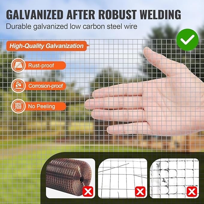 VEVOR Hardware Cloth, 1/4 inch 48in x 100 ft 23 Gauge, Hot Dipped Galvanized Wire Mesh Roll, Chicken Wire Fencing, Wire Mesh for Rabbit Cages, Garden, Small Rodents