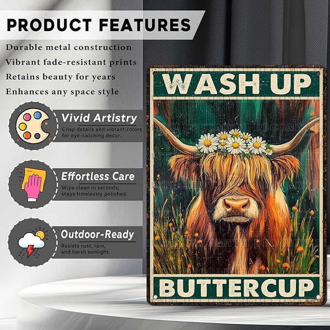Vintage Highland Cattle Tin Sign Wash Up Buttercup Retro Wall Decor Decorations for Home Funny Cow Lover Poster Indoor Store Cafe Toilet Farmhouse Yard Garden Bar Pubs Rustic Farm 12 * 16inch