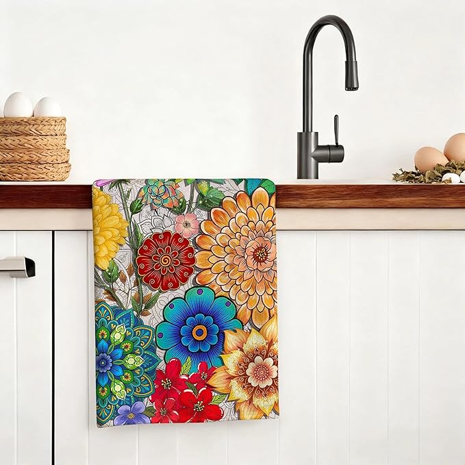 Spring Boho Kitchen Towels Decorative Set of 4, Colorful Floral Hand & Tea Towel, Absorbent Soft Decor Dish Towels Dishcloths for Kitchen Drying,Cooking Housewarming Gifts for Women