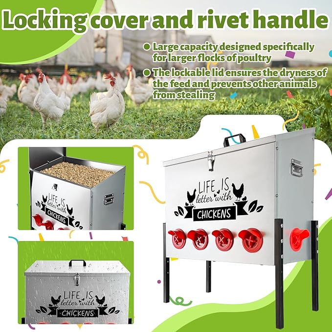 95LB Large Automatic Chicken Feeder Galvanized Metal Chicken Feeders with 10 Feeding Ports No Waste Outdoor Poultry Feeder with Adjustable Height Legs and Locking Lid for Chickens and Ducks