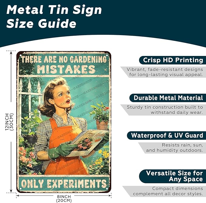 Vintage Garden Metal Sign Gardener Gardening Girl Poster There Are No Gardening Mistakes Only Experiments Metal Poster Garden Home Art Wall Decor 12x8 Inch