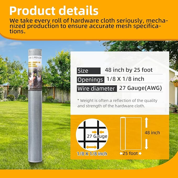 48in x 25ft Hardware Cloth 1/8 inch 27Ga Hot Dipped Galvanized After Welding, Chicken Coop Wire Fence, Welded Metal Fencing Roll Mesh for Bee Screen Garden Plant Poultry Animal Netting Cage