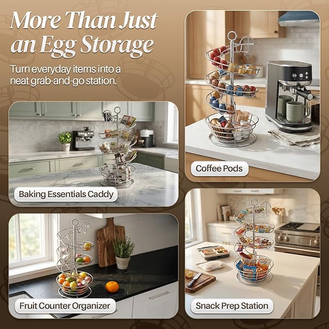Flexzion Spiral Egg Rack for Fresh Eggs - Sturdy Silver Metal Egg Skelter Countertop Egg Holder with Bottom Basket and 360-Degree Rotatable Middle Pole Up to 36-Egg Capacity, Egg Storage Rack Solution