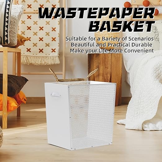 5 Gallon White Wooden Trash Can - Rustic Office Waste Paper Basket - Decorative Garbage Bin for Bedroom, Bathroom, Kitchen, Living Room