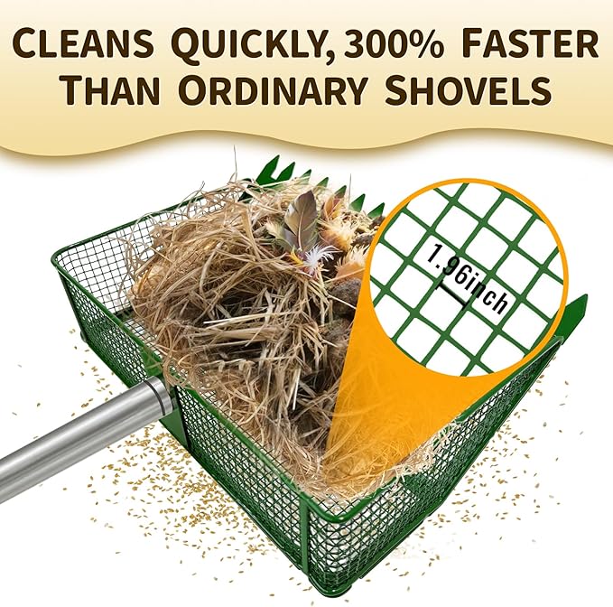 2-in-1 Chicken Coop Scooper: Extra Large 12” Poop Scooper & Rake with Adjustable Handle (37”-65”) | Heavy-Duty Metal Shovel for Quick Pet Waste, Rabbit, Guinea Pig, Barn Cleaning | US Patent Pending