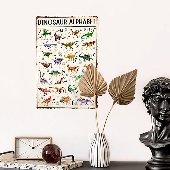 JOCASA Dinasaur Alphabet Vintage Metal Poster Sign Decor-Retro Aluminum Metal Tin Sign for Home Wall Decor, Garden, Bedroom, Signs Gift,12''x 8''
