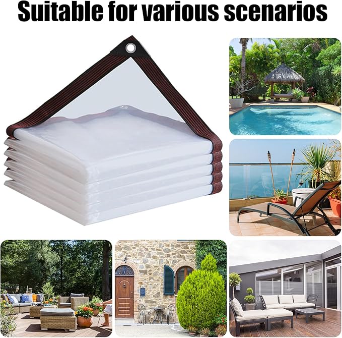 Clear Tarp, Heavy Duty Waterproof Plastic Tarps with Grommets Clear Vinyl Tarps Transparent Tarpaulin for Outdoor Porches Patio Enclosure Roofs Greenhouse Plant Chicken Coop Cover