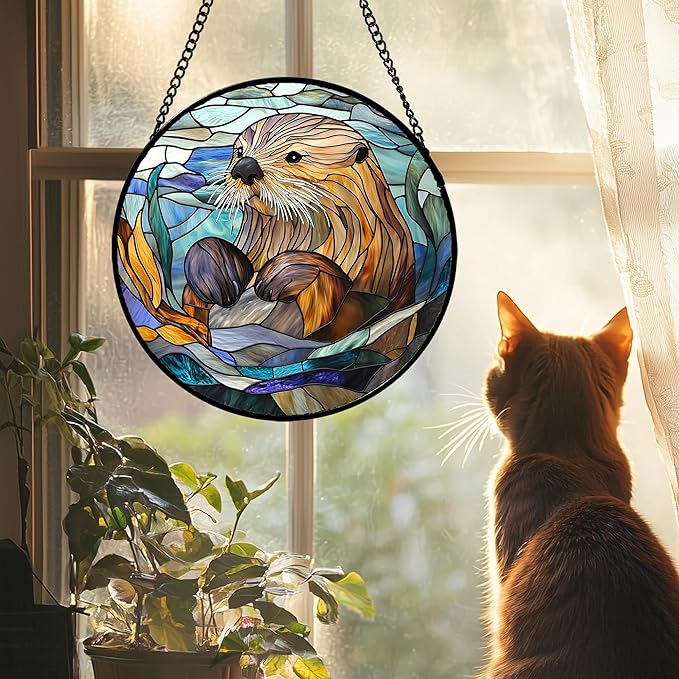 Stained Glass Suncatcher, Blue Ocean Cute Sea Otter Sun Catcher Stain Glass Window Hanging Decoration Mother's Day Birthday Gifts for Women Men Mom Nana 11.8 in
