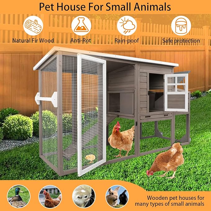 PetsCosset 75" Chicken Coop Backyard with Wheels Nesting Box Waterproof Removable Tray and Ramp Large Hen House for 1-4 Chickens