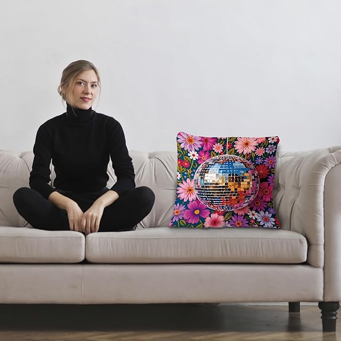 Funky Y2K Maximalist Floral Disco Ball Pillow Covers 18x18, Eclectic Home Decor, Trendy Retro 70s Colorful Flower Botanical Throw Pillow Covers for Home Girls Room Dorm Apartment