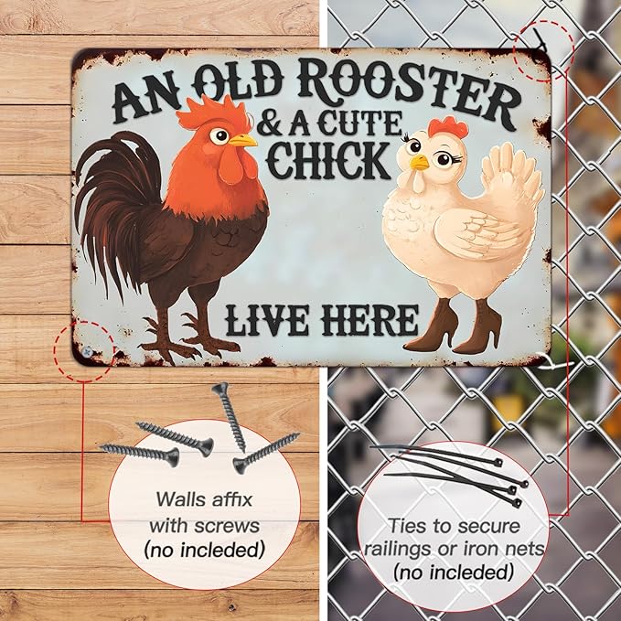 Funny Cute Vintage Chicken Coop Metal Tin Signs Plaque An Old Rooster & A Cute Chick Live Here Home Farmhouse Kitchen Wall Decor 12x8 Inch