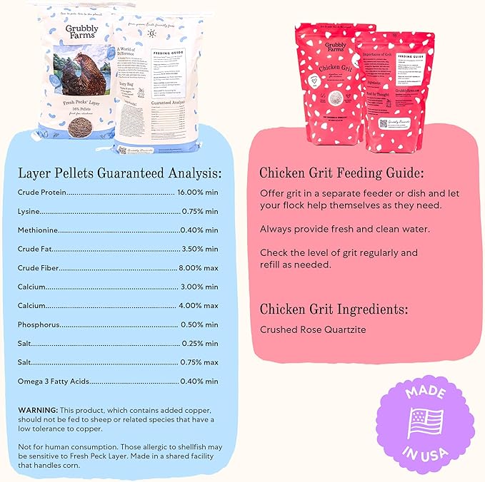 Grubbly Farms Adult Chicken Bundle - Chicken Grit, Fresh Pecks Layer Feed Pellets, Omega Mix & Grubblies - Complete Nutrition, Proper Digestion, Strong Eggshells & Natural Protein Treats - 4 Pack