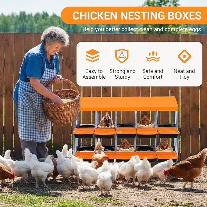 Chicken Nesting Box 10-Hole Roll Away Egg Laying Box with Lid & Stand, Galvanized Steel Rustproof Poultry Coop Box, Easy Clean, Wall Mountable No Bracket Needed for Hens, Orange