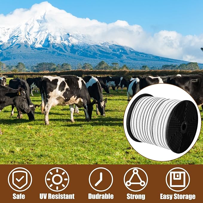 656 Ft/ 200 M Electric Fence Tape for Livestock with High Visibility Polytape Fencing Hot Wire Horse Electric Fence Kit with 4 x 0.18 mm Stainless Steel Conductors (1 Inch)