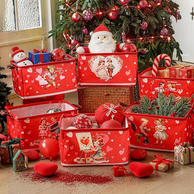 CHENGU 6 Pack Valentine's Day Storage Basket Vintage Valentine's Day Basket for Gift Collapsible Red Heart Holiday Decor Retro Large Bin Foldable Waterproof Box with Handle for Bedroom Laundry Nursery