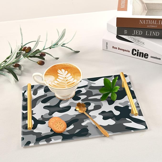 Bathroom Vanity Tray Counter Organizer, Camouflage Black White Pattern Decorative Tray with Handles Countertop Storage for Bathroom Bedroom Kitchen Home Farmhouse
