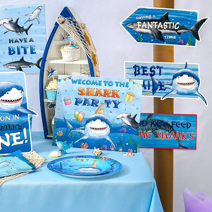 WERNNSAI 10Pcs Shark Birthday Party Decorations - Blue Shark Sign Party Decoration for Under The Sea Party Supplies Ocean Animal Party Sign Poster for Birthday Holiday Party Favors