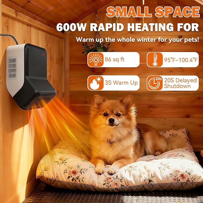 Dog House Heater with Thermostat for Small Chicken Coop, Electric Pet Heater for Outside Dog Cat House, Safe Winter Warmer with PTC Heating, Overheat Protection, Chew-Proof Cord, 95-100.4°F, 300/600W