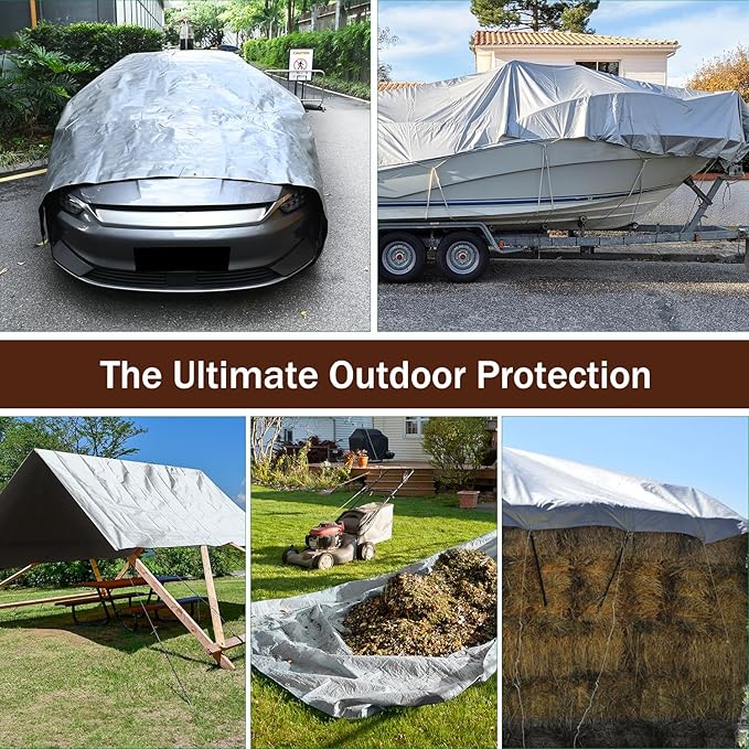 Sunvigor Tarp Waterproof 12x16Ft, Heavy Duty Tarp Cover Extra Thick 14 Mil Tear and UV Resistant, Outdoor Tarps with Grommets and Reinforced Edges for Roof, Camping, Patio, Pool, Boat (Silver/Brown)