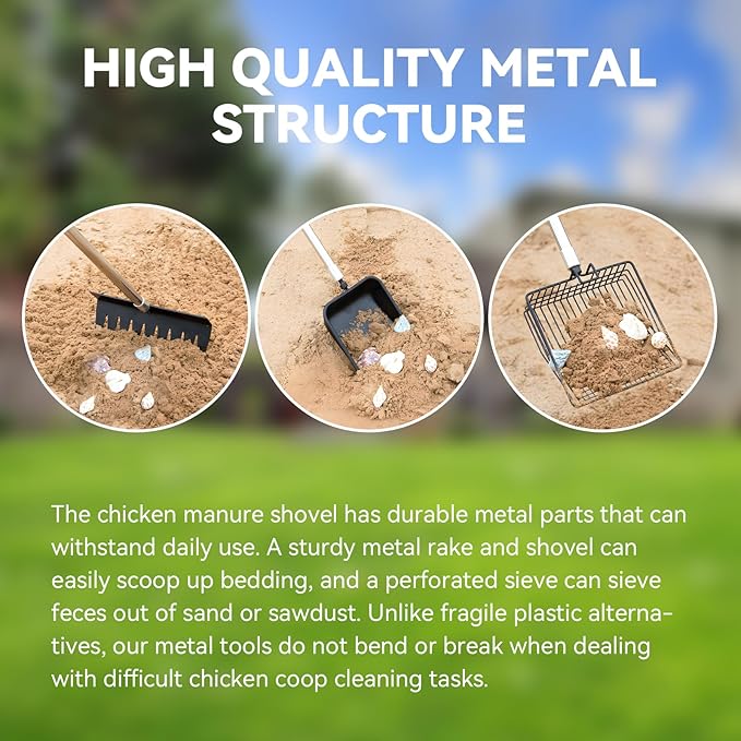 Chicken Poop Scooper- Chicken Coop Pooper Scooper for Sand 4-Piece,with Stainless Steel Handle Sifter Chicken Coop Litter Scoop Supplies,for Hens Ducks Rabbits (Up to 10 Chickens)