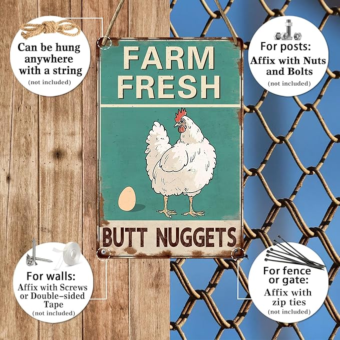 Farm Fresh Butt Nuggets Metal Tin Sign Vintage Chicken Coop Metal Sign Rustic Farmhouse Decor for Kitchen Outdoor Charming Wall Plaque for Home Garden 8x12 Inch