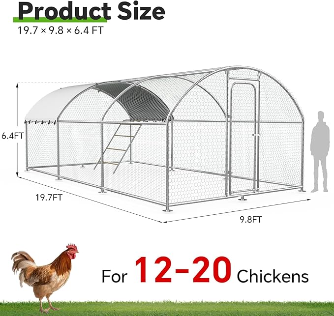Large Metal Chicken Coop with Weatherproof Canopy for Farm and Backyard Animals Including Chickens, Ducks, and Rabbits (10’ W x 19.7’ L x 6.4’ H, Dome Roof-Roosting Perch)