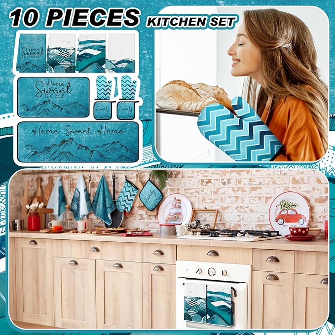 10 Pcs Landscape Kitchen Dish Towels Rugs Oven Mitts and Pot Holders Set Farmhouse Kitchen Decor Set for Women Mom Daughter Gift Cooking Baking Grilling (Ocean Green)