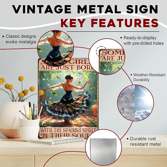 Vintage Metal Tin Sign Spanish Spirit in Their Souls Rustic Wall Art for Kitchen Decor Spanish Theme Home Flamenco 12x16inch