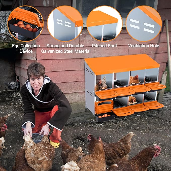 Chicken Nesting Box 8-Hole Roll Away Egg Laying Box with Lid, Galvanized Steel Rustproof Poultry Coop Box, Easy Clean, Wall Mountable No Bracket Needed for Hens, Orange