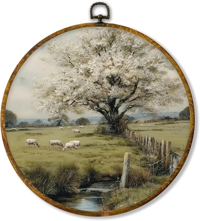 Hiuwevt Vintage Rustic Farmhouse Sheep Round Wall Art Decor, Country Landscape Framed Canvas Prints, Retro Farm Animals Round Wall Hanging Decor for Home Bedroom Living Room Decorations, 10x10 Inches