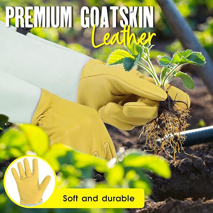 HANDLANDY Rose Pruning Gardening Gloves for Men Women, Thorn Proof Forearm Protection Leather Garden Gloves, Gardening Gifts for Gardeners (Golden Yellow, Medium)