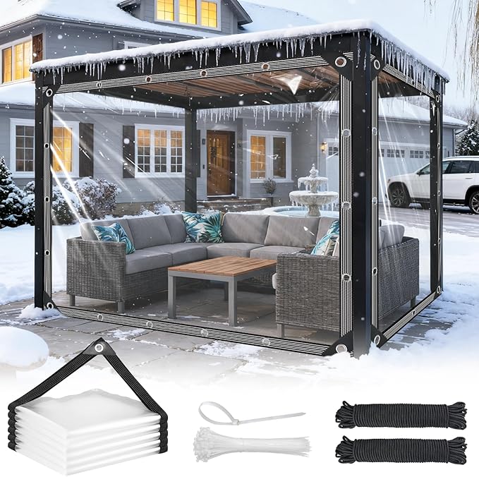 Clear Tarp with Grommets 7x10ft Clear Tarps Heavy Duty Waterproof 14 Mil Thickened PVC Tear-Resistant Reinforced Edges Clear Plastic Vinyl Tarp for Patio Chicken Coop Cover Greenhouse Plant Enclosure