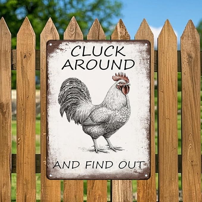 Vintage Tin Metal Aluminum Sign Chicken Cluck Around And Find Out Iron Painting Vintage Wall Decoration Poster For Home Garden Yard Garage Bar Shop 12x16 Inch