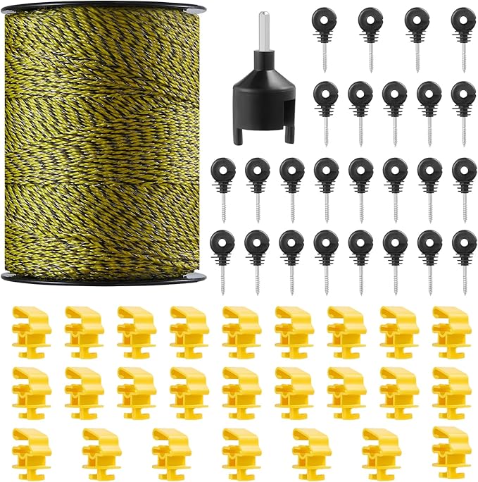 VEVOR Electric Fence Wire, 1640Ft 500M Portable Polywire, 1/8" Diameter 6 Stainless Steel Strands, Fencing Rope Line with 25 Fence Insulators and 25 T-Post Insulators, for Horse, Cattle, Livestock