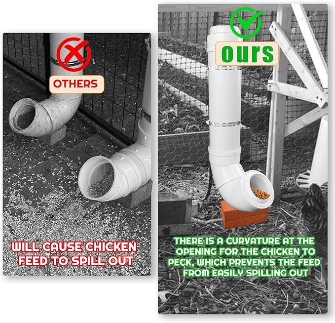 Automatic Chicken Feeder with 2 Covers Duty PVC Pipe No Waste Chicken Coop Feeder 6.6 Pounds Large Chicken Feeder Hanging Chicken Feeder
