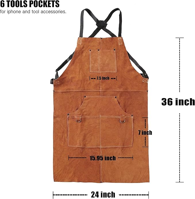 QeeLink Leather Welding Work Apron with 6 Tool Pockets, Heat & Flame Resistant Welder Aprons, 24" x 36", Adjustable M to XXXL