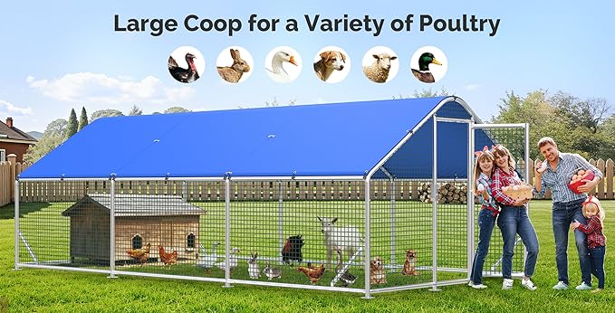 Large Metal Chicken Coop Run with Heavy-Duty Hardware Cloth for 30 Chickens/Ducks, Chicken Runs for Yard with Waterproof Cover, Chicken Enclosure Pen Outdoor, Walk-in Poultry Cage