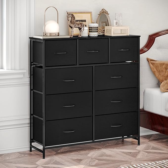 WelFurGeer 9-Drawer Dressers with Sturdy Metal Frame - Tall Chest Organizer Unit with Fabric Bins, Storage Chest of Drawers for Bedroom, Living Room, Hallway, Entryway, Closet, Black