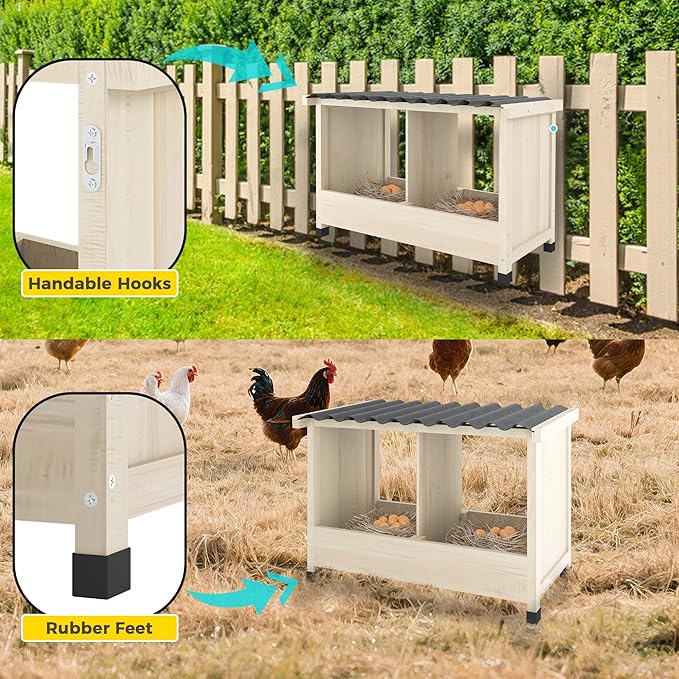Chicken Nesting Box, 2 Holes Wooden Nesting Box, Hens-Wall Mounted or Floor Use, Chicken Coop Accessorie with PVC Roofing, Preventing Egg Falls, Easy to Assemble, Backyard and Farms
