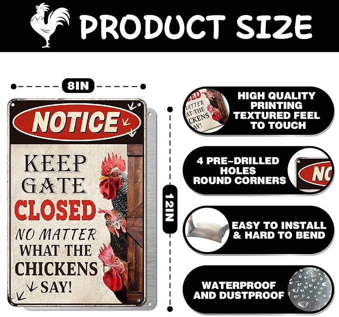 Chicken Gifts for Women Chicken Coop Accessories Chicken Coop Sign Metal Funny Farm Gate Decor Keep Gate Closed Rustic Outdoor Wall Art for Chicken Enthusiasts Lovers