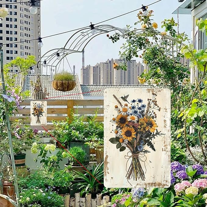 Flowers Metal Signs Vintage A Bouquet of Wild Flowers Tin Sign Retro Wall Decor for Living Room Bedroom Greenhouse Garden Yard Shop Bar 8×12 Inches