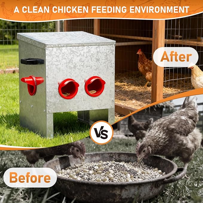 VINGLI Chicken Feeder with 4 Feeding Ports, 25 lb No Waste Large Capacity Metal Poultry Feeder with Handles and Lid for Backyard Chickens and Poultry (4 Ports)
