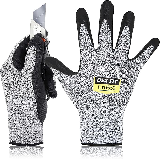 DEX FIT Level 5 Cut Resistant Gloves Cru553, 3D-Comfort Fit, Professional Power Grip, Thin, Touch-Screen Compatible, Durable, Breathable, Machine Washable; Grey XL (10) 12 Pairs
