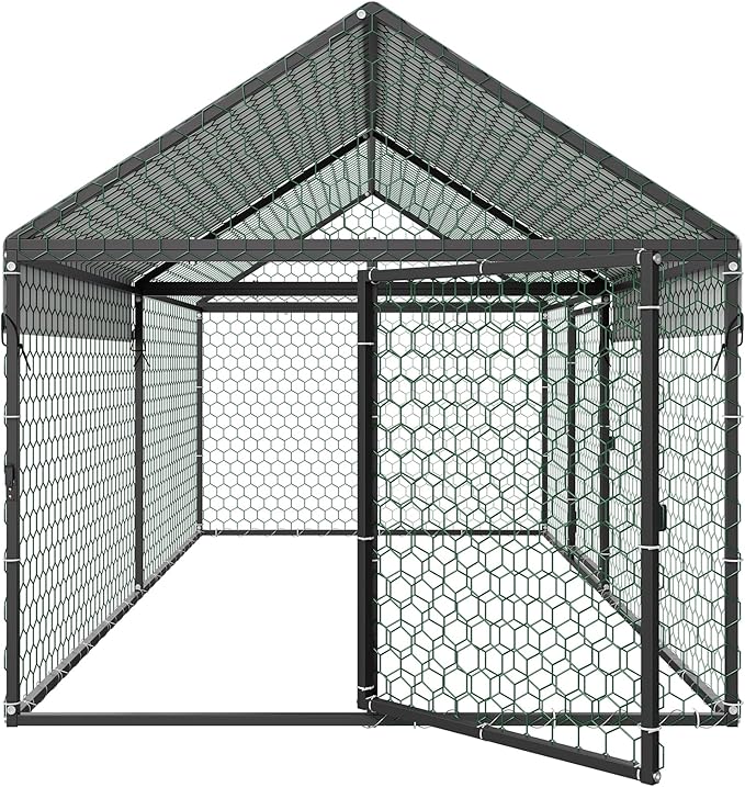 VEVOR Metal Chicken Coop for 4-6 Chickens, 3.3 x 6.6 x 3.3 ft, Small Chicken Cage with Waterproof Cover & Double Doors, Spire Roof Poultry Run Compatible with Wooden Coops, for Rabbit Hen Goose Duck