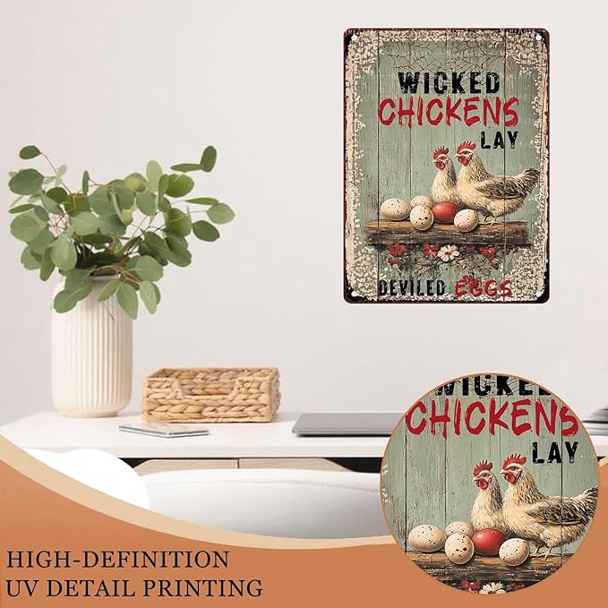 Wicked Chickens Lay Deviled Eggs Metal Signs Vintage Room Decor Aesthetic Wall Art Tin Sign Gift for Garage Bathroom Living Room Man Cave Bar 12X16Inch