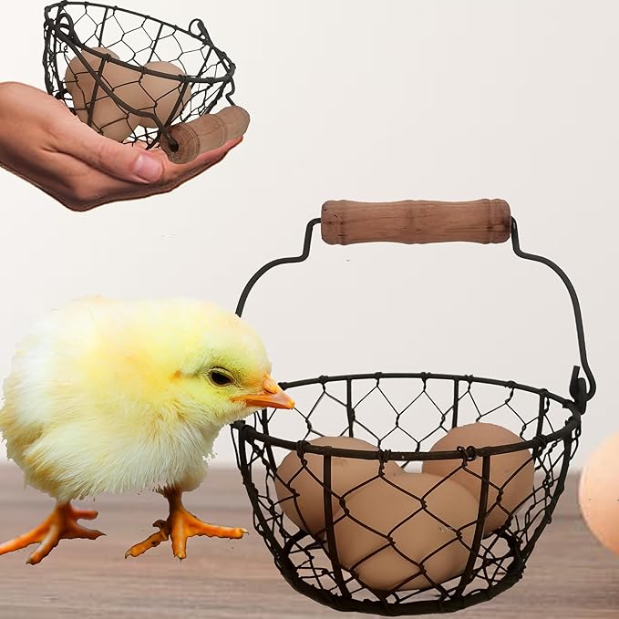 Small Wire Egg Collecting Basket with Handle, Mini Rustic Farmhouse Chicken Wire Egg Basket for Gathering Fresh Eggs from Coop, Vintage Countertop Holder for Easter Egg Hunt, 2 PCS