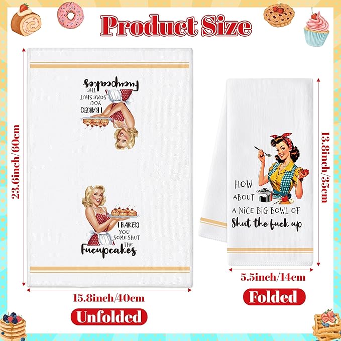GROBRO7 Funny Kitchen Hand Towel - 6Pcs Retro Lady Cooking Dish Towels Soft Polyester Cleaning Dishcloth Home Dining Room Bath Vintage Style Decor Housewarming Gifts for Housewife Women Hostess