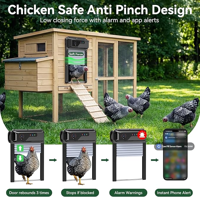 Automatic Chicken Coop Door with Camera, Solar Powered Smart Chicken Door with WiFi App Control, 1080P HD Night Vision, 5000 mAh Battery, Anti-Pinch Safety, Smart Alerts, Space-Saving Roll-Up Design