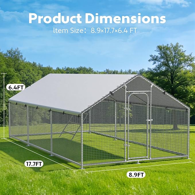 Large Metal Chicken Coop Run with Roosting Perch, Outdoor Poultry Cage with Waterproof & UV-Resistant Cover for Chickens, Ducks, Rabbits in Yard or Farm Use, Spire Roof (8.9'W x17.7'L x 6.6'H)